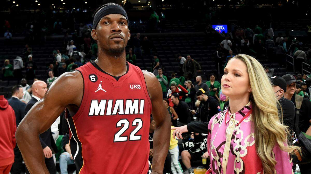 Miami Heat forward Jimmy Butler (22) is interviewed by TNT sideline reporter Allie LaForce after defeating the Boston Celtics in game one of the Eastern Conference Finals for the 2023 NBA playoffs at TD Garden.