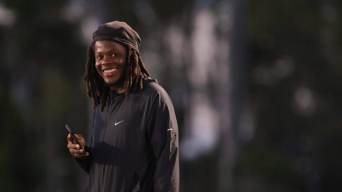 Tampa Bay Buccaneers quarterback and former Miami Northwestern coach Teddy Bridgewater attends a high school football game between the Bulls and the Columbus Explorers at Tropical Park in Miami, Florida, Friday, September 19, 2025.