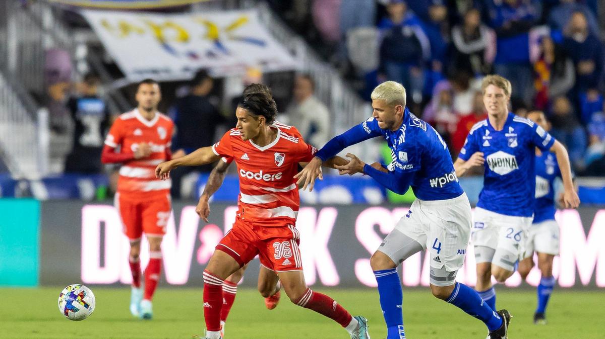 River Plate forward Flabian Londoño (36) fights for possession of the ball against Millonarios FC defender Juan Vargas (4) during the first half of a friendly soccer match at DRV PNK Stadium on Saturday, Jan. 14, 2023 in Fort Lauderdale, Fla.