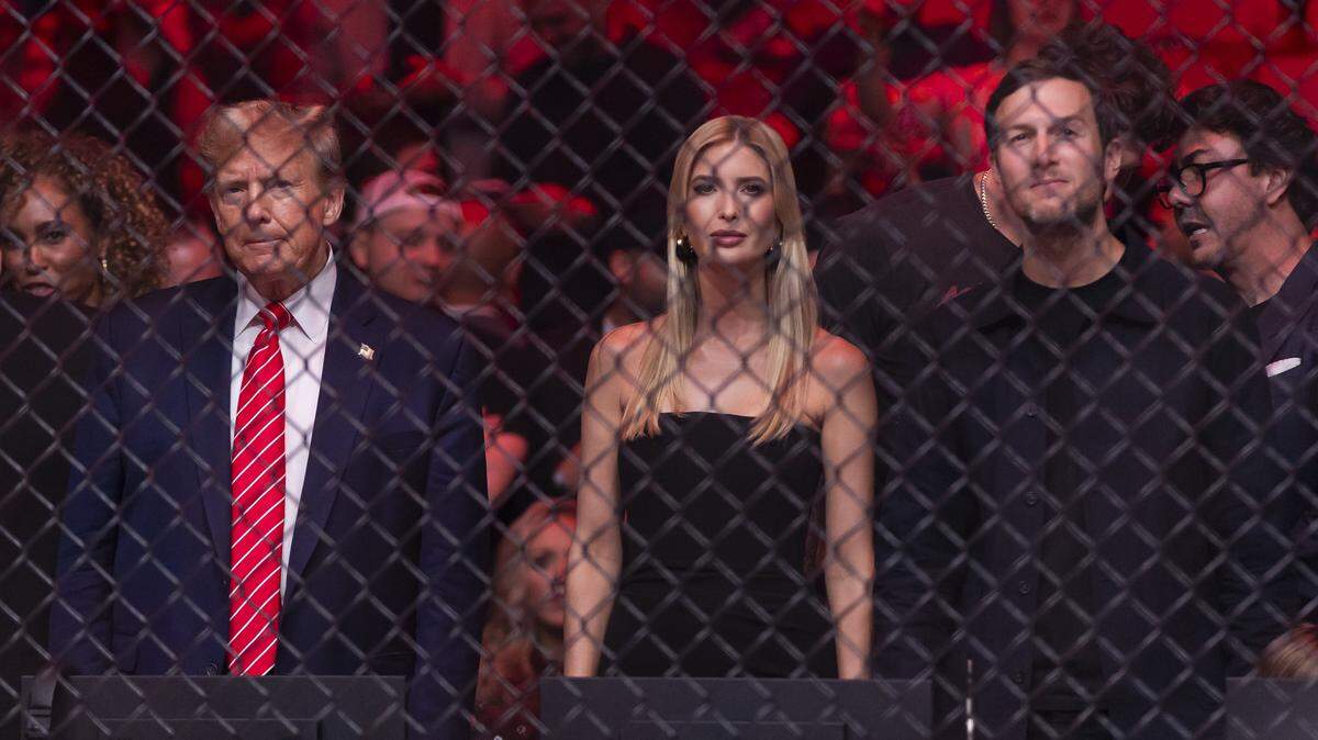 Former President Donald Trump, his daughter, Ivanka Trump and his son-in-law, Jared Kushner, attend the UFC 299 event at the Kaseya Center on Saturday, March 9, 2024, in downtown Miami, Fla.