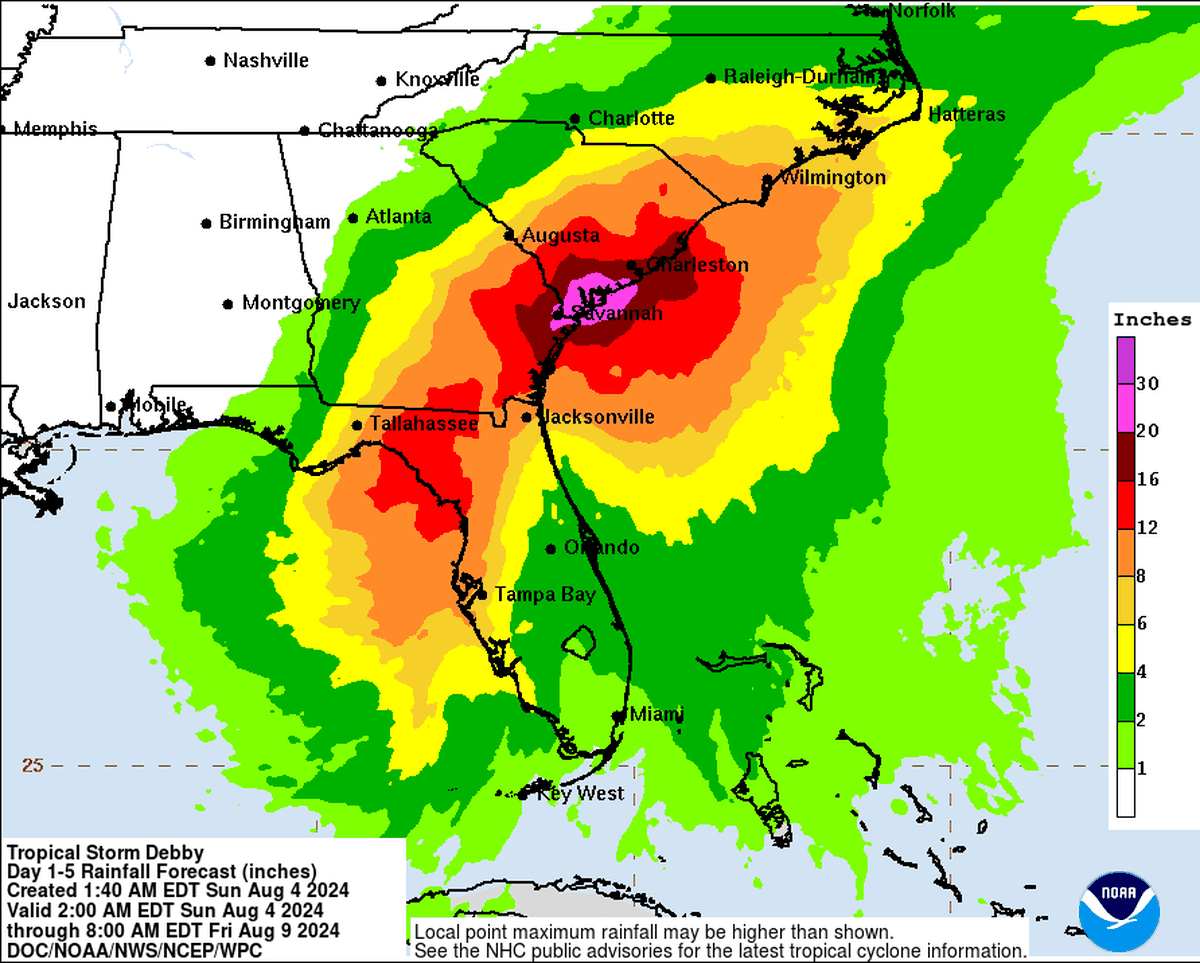 Tropical Storm Debby could bring more than a foot of rain to Florida’s Big Bend area in the next week as it crosses the state.
