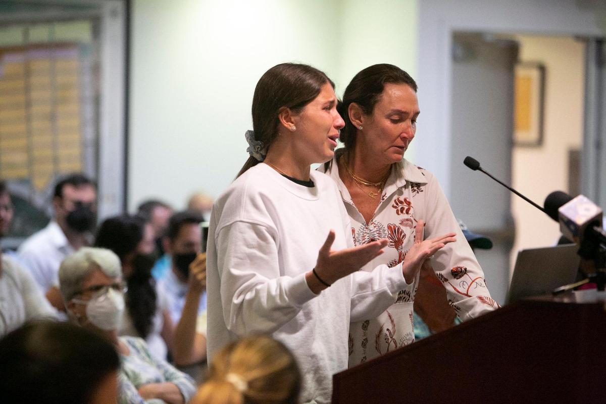 Vicky Btesh (left) speaks emotionally about the loss of her husband in the Champlain Towers South collapse at a Surfside commission meeting Tuesday evening, September 14, 2021. She and other family members urged Surfside commissioners to approve a land-swap proposal that would allow for a memorial to be built at the site of the collapse. The proposal, which commissioners rejected, would involve relocating the town’s community center to allow for the proposed development of the collapse site instead to be built where the center is located.