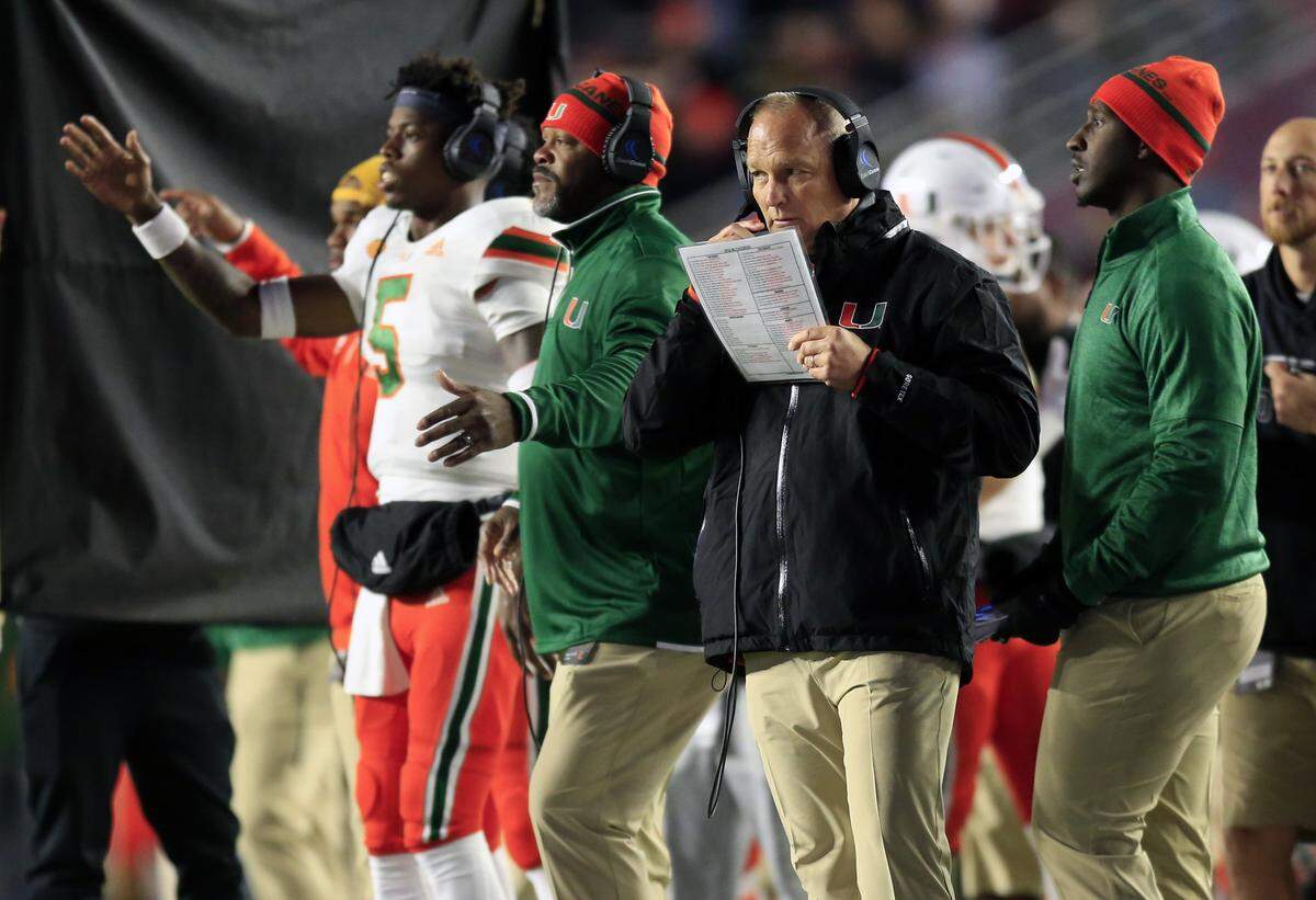 Miami Hurricanes head coach Mark Richt on the sidelines in the second quarter as the University of Miami plays Boston College at Alumni Stadium in Chestnut Hill on Friday, October 26, 2018.