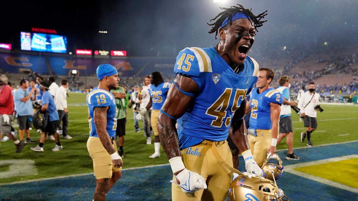 UCLA linebacker Mitchell Agude (45) celebrates the team’s win over LSU in an NCAA college football game Saturday, Sept. 4, 2021, in Pasadena, Calif.