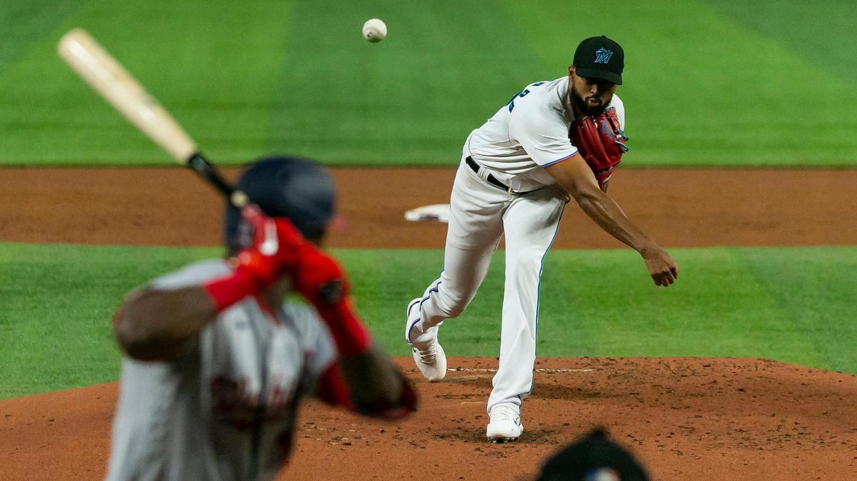 Miami Marlins starting pitcher Sandy Alcantara (22) pitches against the Washington Nationals during the second inning of their baseball game at LoanDepot Park on Monday, May 16, 2022, in Miami, Florida.