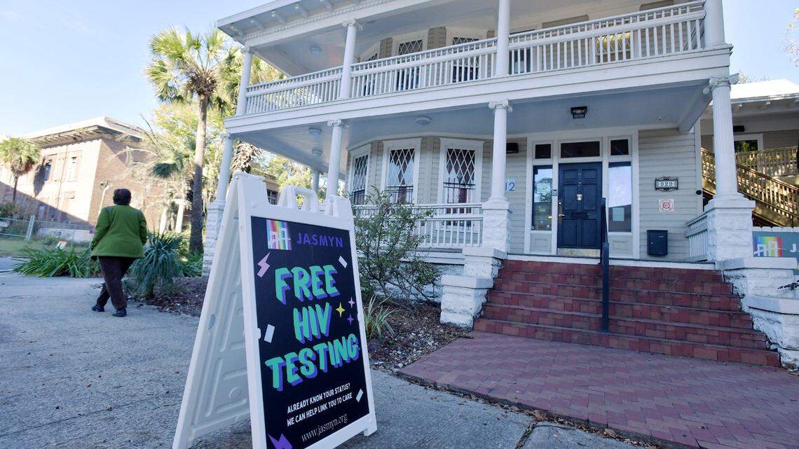 A sign for free HIV testing sits in front of JASMYN’s clinic and administration building in Jacksonville.