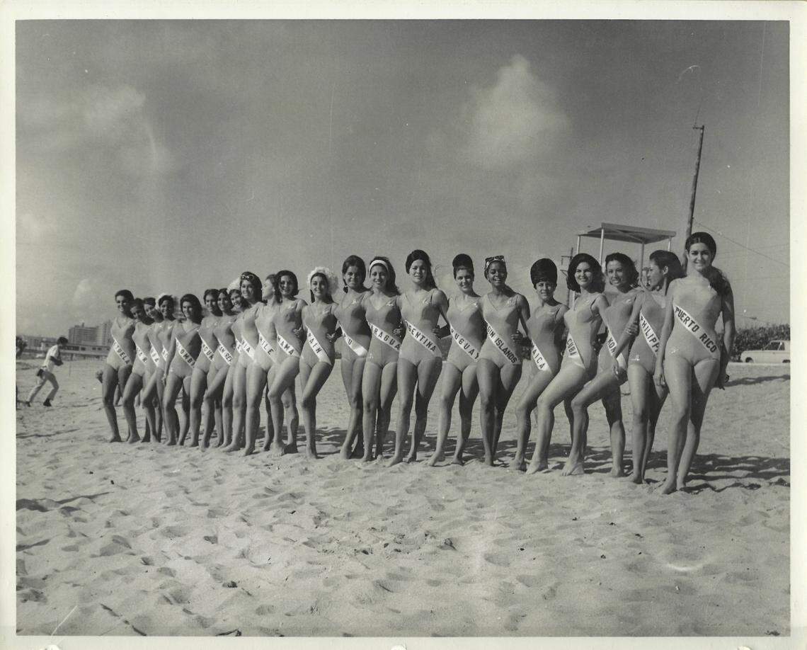 Miss Universe contestants on the beach in Miami Beach, in July 1967.