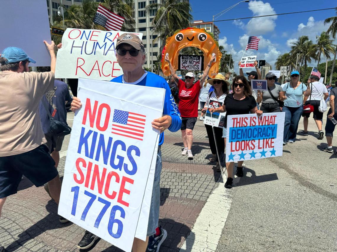 People protest in Fort Lauderdale, Florida, during the ‘No Kings’ anti-Trump protests planned across South Florida on June 14, 2025.