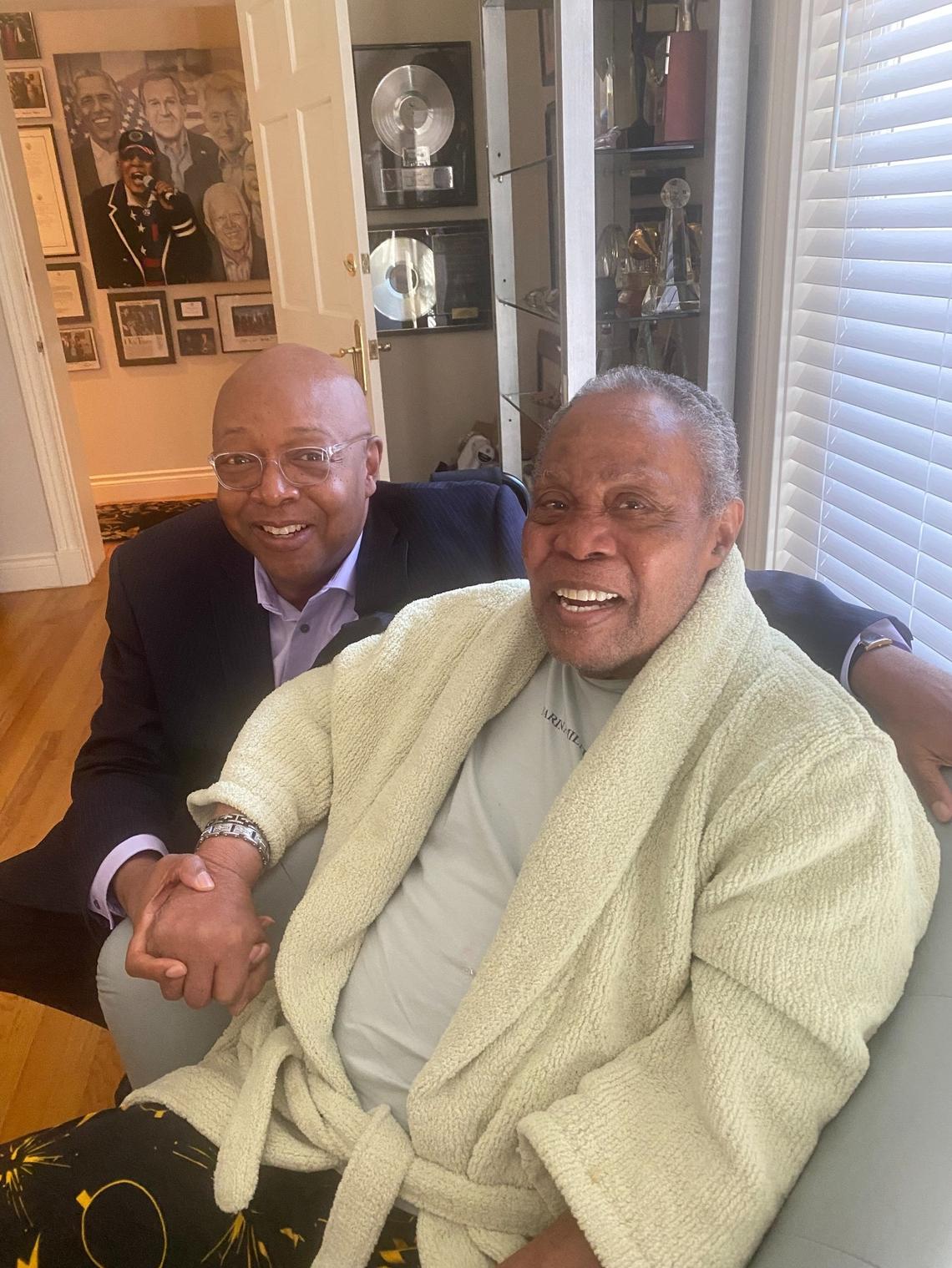 Retired Miami Herald columnist and former pop music critic Leonard Pitts Jr. and singer-performer Sam Moore in a recent photo at the Coral Gables home Moore shared with his wife Joyce.
