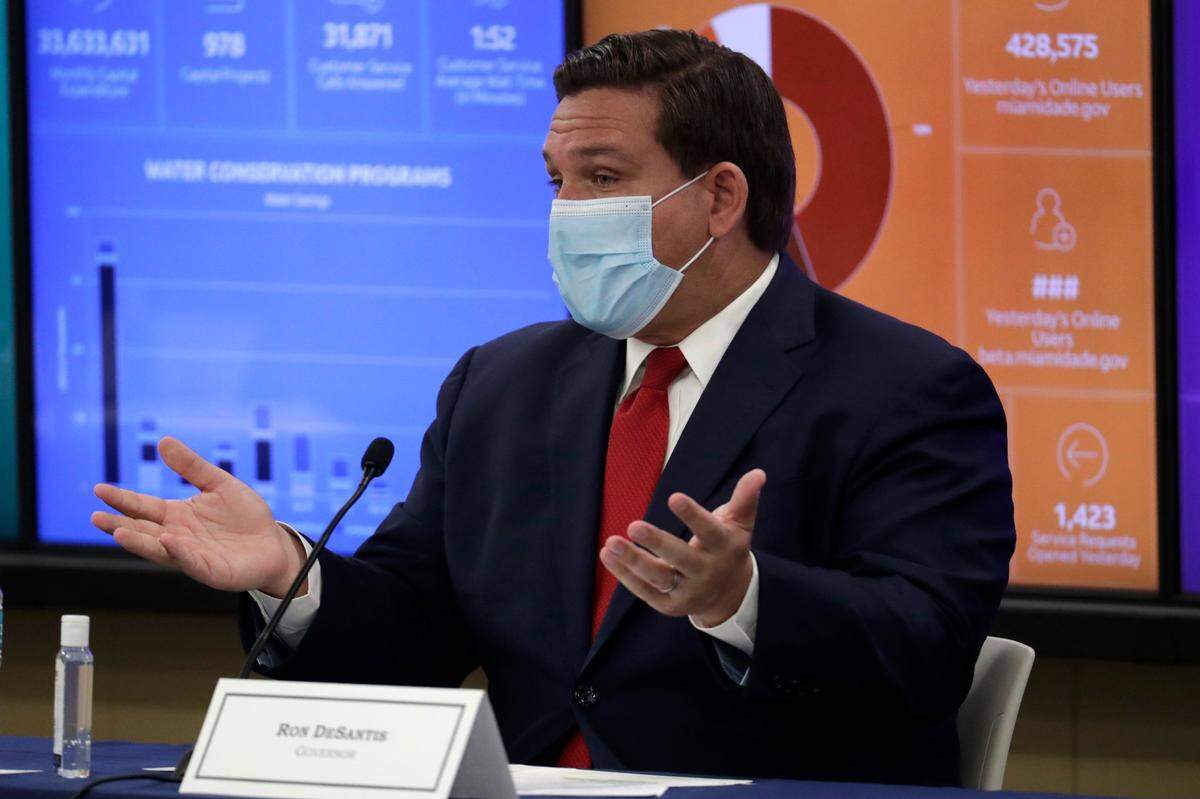 Florida Gov. Ron DeSantis speaks during a roundtable discussion with Miami-Dade County mayors during the coronavirus pandemic, Tuesday, July 14, 2020, in Miami.