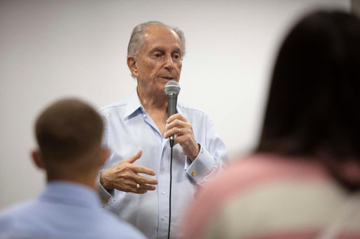 Allan Hall, a Holocaust survivor, tells Miami-Dade County public school students about the atrocities of the Holocaust during World War II, as part of Student Awareness Day, an anti-bullying and prejudice reduction program organized by the Holocaust Documentation and Education Center in Dania Beach. The event was held at FIU’s Roz and Cal Kovens Conference Center in North Miami on Thursday, March 31, 2022.
