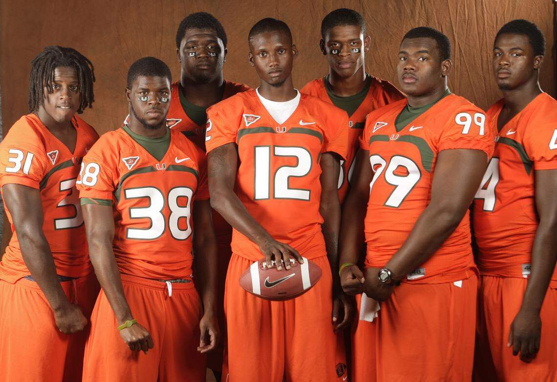 This is the University of Miami football team media day on the school  campus. UM freshman who played on the Northwestern High School National Championship team pose for pictures during media day. Left to right front row are, Sean Spence, Kendall Thompkins, Jacory Harris, Marcus Forston, Aldarius Johnson. Back row are Ben Jones, Tommy Streeter.