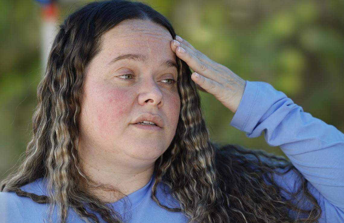 Angela Perez, 43, a friend of a Alligator Alcatraz detainee Maikol Bautista. Perez joined protesters across the street from the immigration detention facility on Wednesday, November 19, 2025. Alligator Alcatraz is located at Dade-Collier Training and Transition Airport inside Big Cypress National Preserve in Ochopee, Florida.