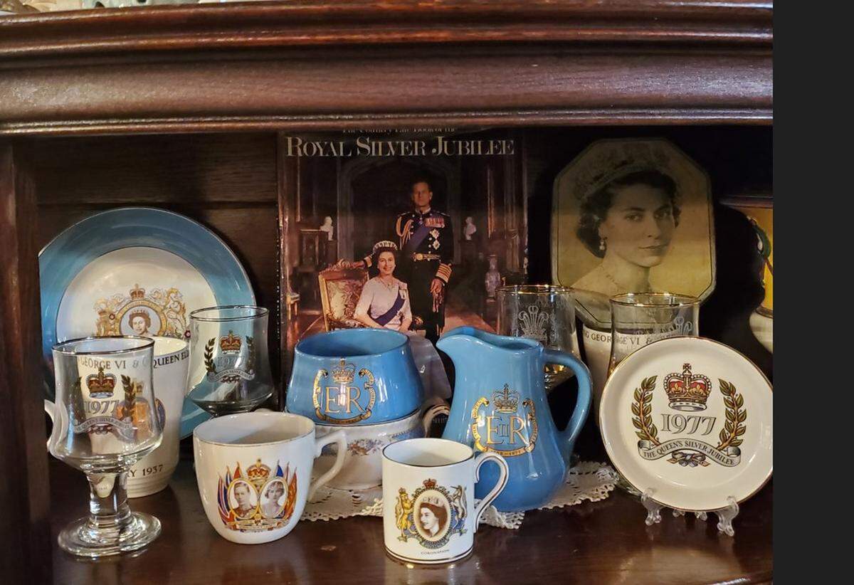 Cauley Square Tea Room's Queen Elizabeth tea sets are on display. 