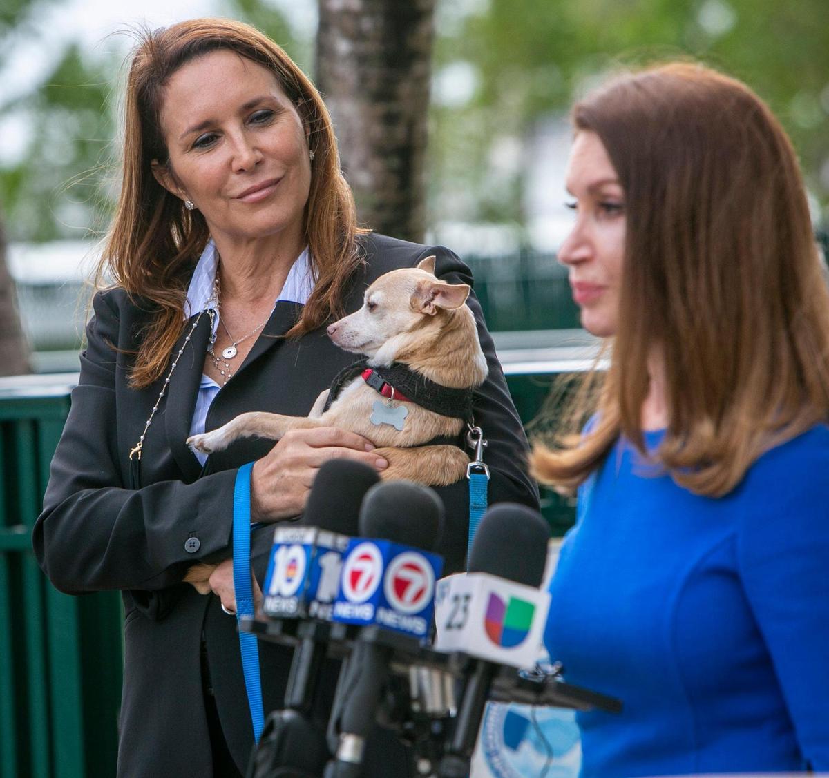 Former first lady of Florida, Carole Crist, left, holding “Freddy,” and American Humane Ambassador Jean Shafiroff issued a public safety warning during a press conference Monday in front of the Margaret Pace Park dog park, after a local toddler and father were bitten and hospitalized by an unleashed dog in the park. Pet owners have flooded the Miami-area, oftentimes breaking local leashing laws in parks and other public spaces.