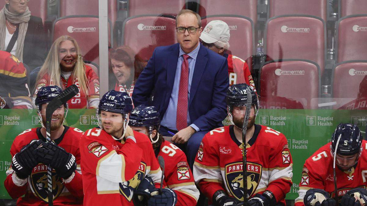 Jan 19, 2024; Sunrise, Florida, USA; Florida Panthers head coach Paul Maurice looks on from the bench against the Minnesota Wild during the third period at Amerant Bank Arena.