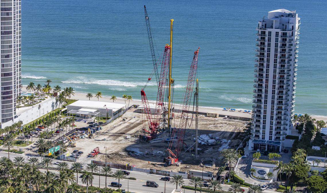 An aerial view of the St. Regis construction site near the coastline on Friday, Oct. 31, 2025, in Sunny Isles Beach, Fla.