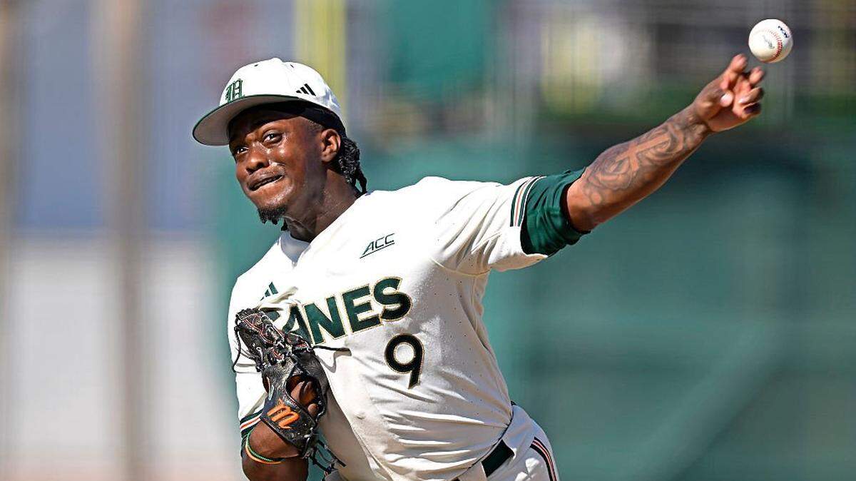 CORAL GABLES, FL - FEBRUARY 21: Miami lefthanded pitcher Rob Evans (9) pitches in the third inning as the Miami Hurricanes faced the Lafayette Leopards on February 21, 2026, at Mark Light Field at Alex Rodriguez Park in Coral Gables, Florida. (Photo by Samuel Lewis/Icon Sportswire via Getty Images)