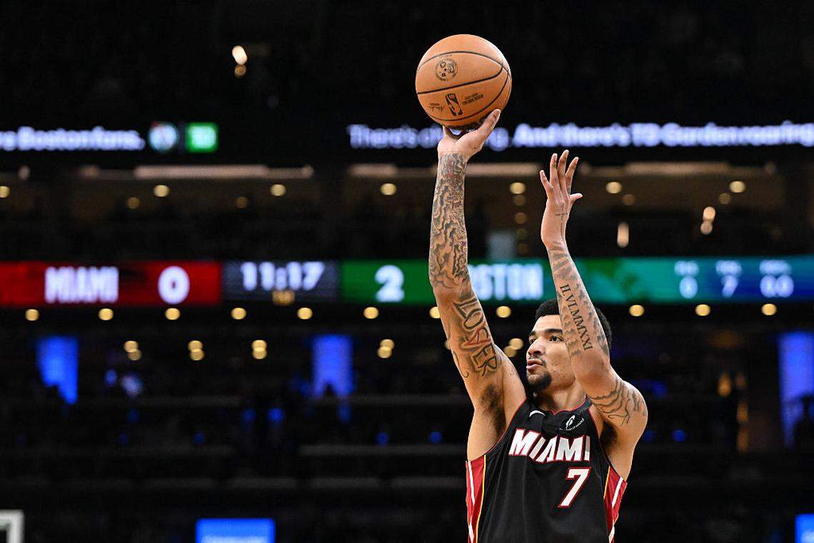 Kel'el Ware #7 of the Miami Heat attempts a shot against the Boston Celtics during the first half at TD Garden on December 19, 2025 in Boston.