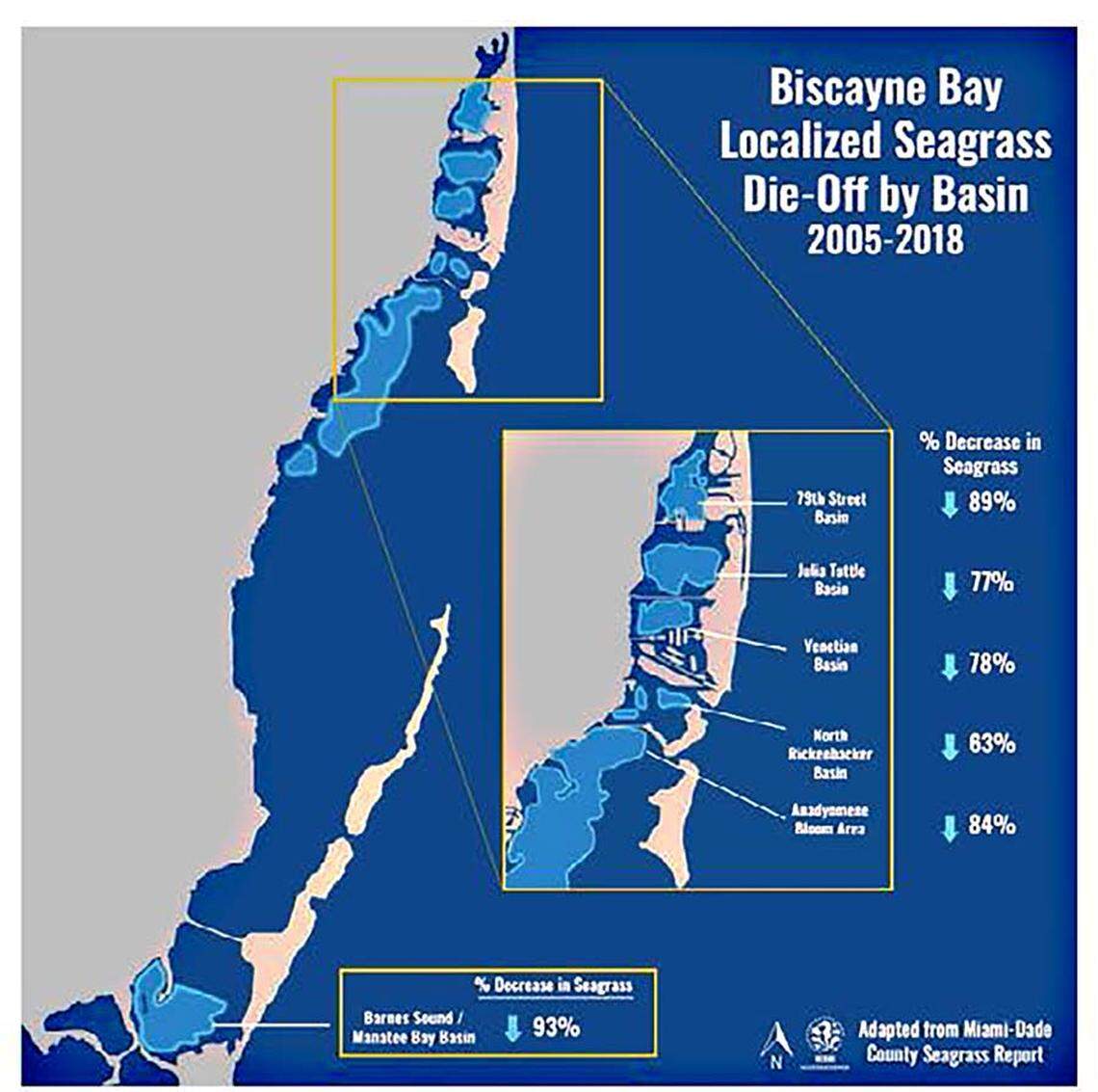 The bay bottom was historically covered with lush seagrass meadows. But over the past few decades, as nutrient pollution increased, seagrass died in many parts of the bay. This map shows a loss of 89% in the 79th Street basin and 77% in the Julia Tuttle basin between 2005 and 2018. In the southern part of the bay, the Barnes Sound and Manatee Bay basin lost 93% of its seagrass cover.