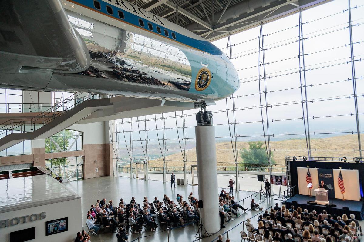 Miami Mayor Francis Suarez gives his first speech as a candidate for the 2024 Republican presidential nomination at the Ronald Reagan Presidential Library in Simi Valley, California, on Thursday, June 15, 2023. The stage and audience are sitting under one of the planes that served as Air Force One during Reagan’s presidency.
