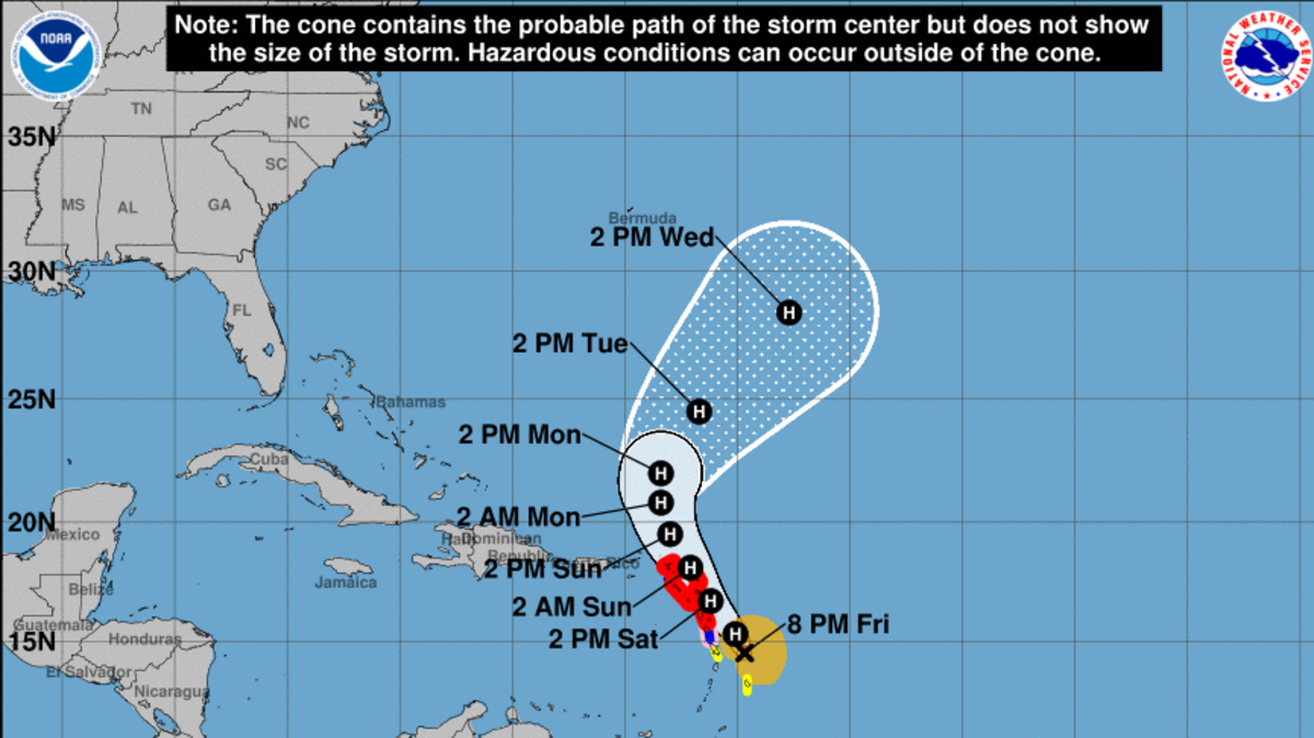 The 8 p.m. Friday, Oct. 20, 2023, National Hurricane Center forecast for Hurricane Tammy has the Category 1 storm impacting eastern Caribbean islands over the weekend.