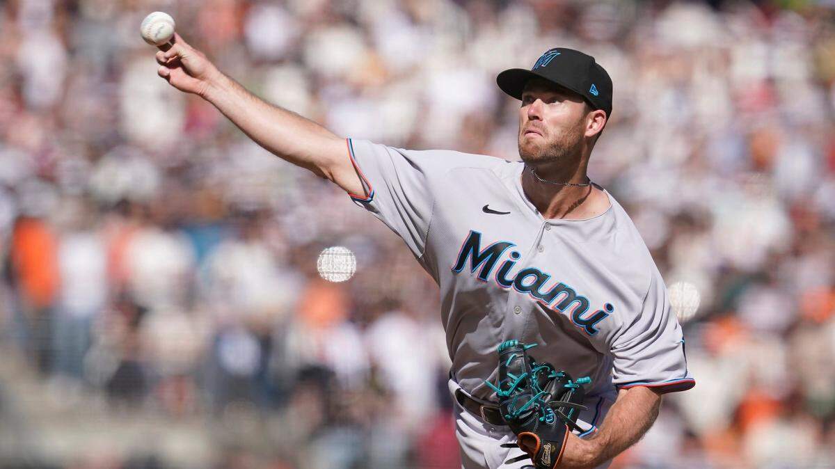 Miami Marlins’ Anthony Bender pitches against the San Francisco Giants during the ninth inning of a baseball game in San Francisco, Saturday, April 9, 2022.