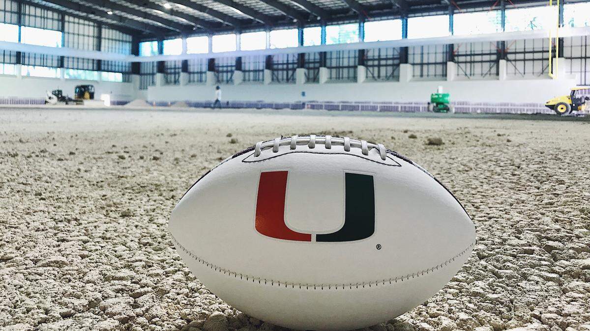 The Carol Soffer Football Indoor Practice Facility, shown on Monday, July 23, 2018, is nearing completion of its first phase, which will allow UM players to practice indoors when lightning strikes or there is inclement weather.