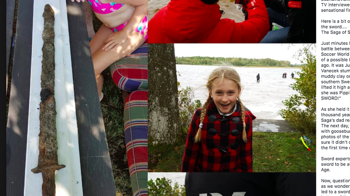 8-year-old Saga Vanecek, from Minneapolis, was playing in a lake in Sweden when she stepped on an Iron age era sword lying untouched in the mud. It is being studied and could predate the Vikings.