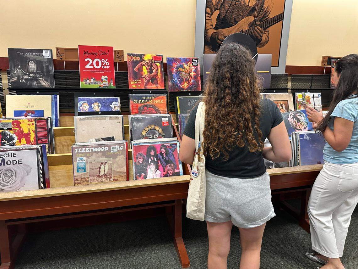The Kendall Village Barnes & Noble store is closing on Sept. 24, 2025, and has “Moving Sale” markdowns on items, including 20% off vinyl albums on the second floor on July 23, 2025.