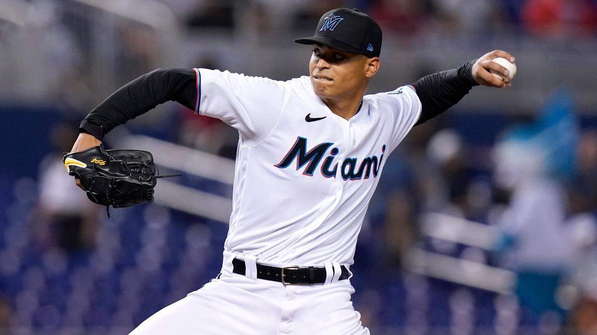 Miami Marlins starting pitcher Jesus Luzardo throws during the first inning of a baseball game against the New York Mets, Monday, Aug. 2, 2021, in Miami.