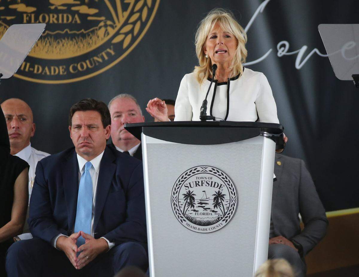 First lady Jill Biden speaks during a public memorial event on Friday, June 24, 2022, to mark the one-year anniversary of the collapse of Champlain Towers South in Surfside, Florida.