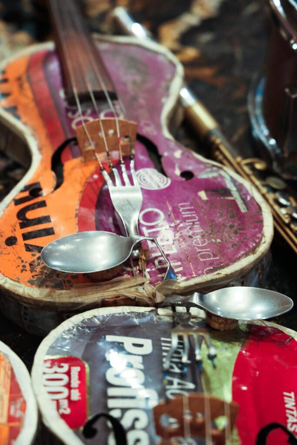 Instruments created from trash played by the Recycled Orchestra of Cateura, Paraguay.