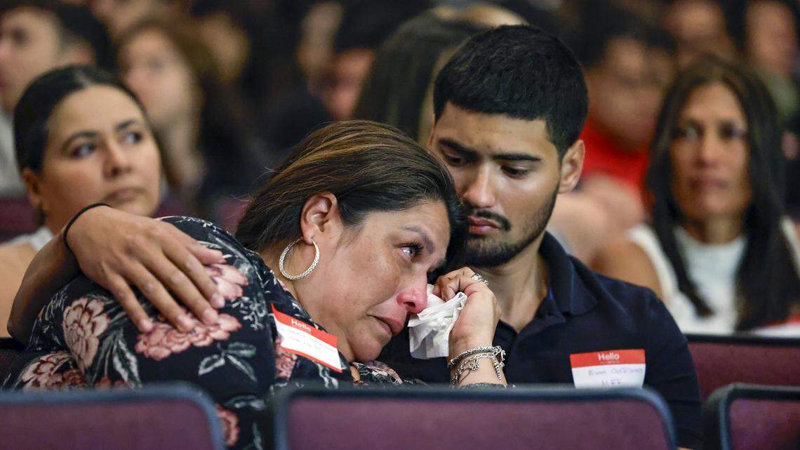 Alicia Garcia-Castellanos and her son Evan Castellanos react during presentations during the Shannon Melendi 30th Commemorative Senior Safety Assembly at Southwest Miami Senior High School in Miami, Florida on Tuesday, March 19, 2024. Shannon Melendi was a 1992 Honors Graduate from Southwest Miami Senior High School, attending college at Emory University in Atlanta, Georgia. On March 26, 1994, while on a break from work, Shannon was kidnapped, raped, and murdered by Colvin “Butch” Hinton. Hinton was convicted and sentenced to life in prison in 2005, with the possibility of parole. He is again eligible for parole in January, 2025.