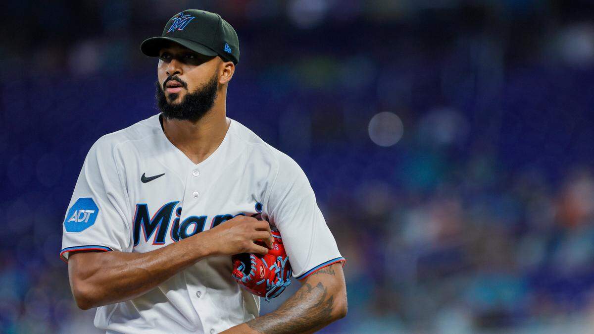 Jun 4, 2023; Miami, Florida, USA; Miami Marlins starting pitcher Sandy Alcantara (22) looks on against the Oakland Athletics during the first inning at loanDepot Park. Mandatory Credit: Sam Navarro-USA TODAY Sports