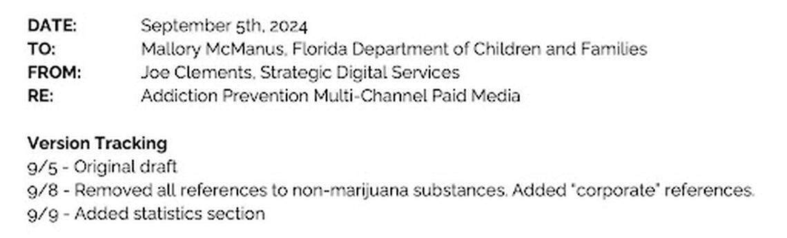 A Sept. 5, 2024 memo shows Strategic Digital Services sharing changes to marijuana ads with the Department of Children and Families.