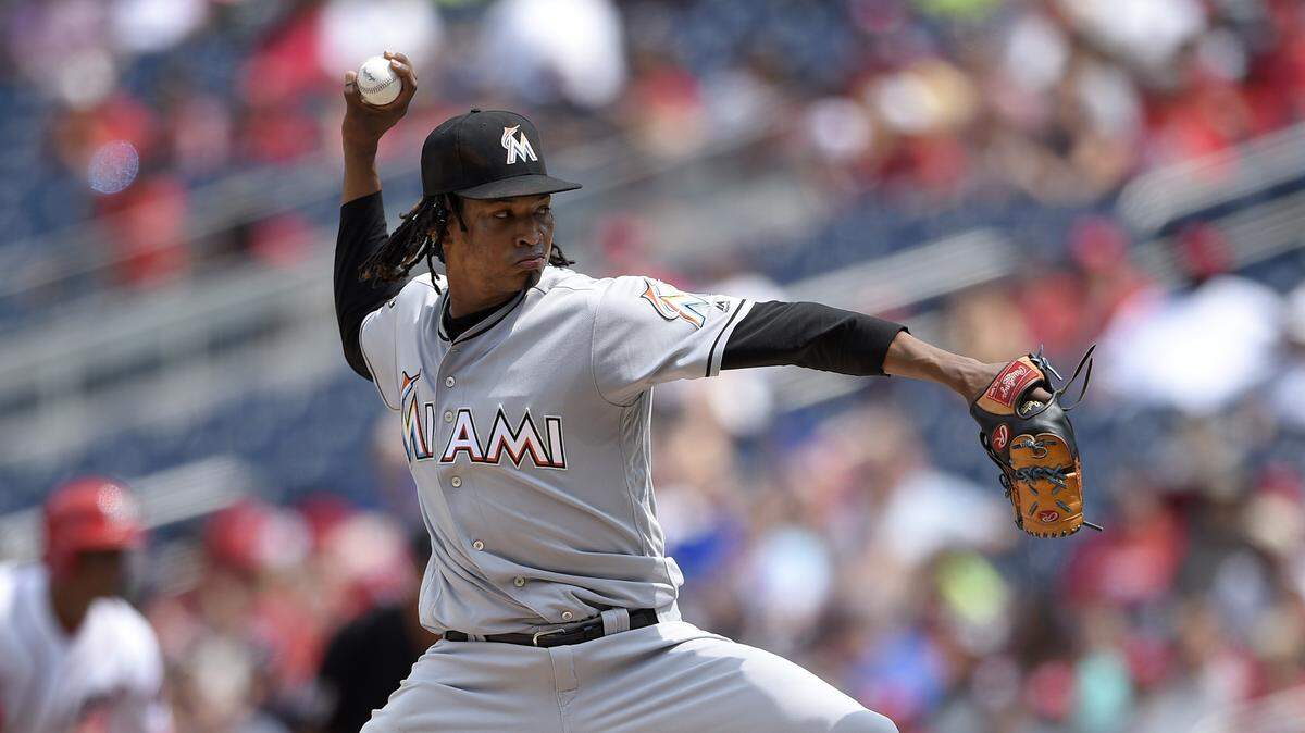 Miami Marlins starting pitcher Jose Urena delivers during the second inning of a baseball game against the Washington Nationals, Sunday, Aug. 19, 2018, in Washington. (AP Photo/Nick Wass)