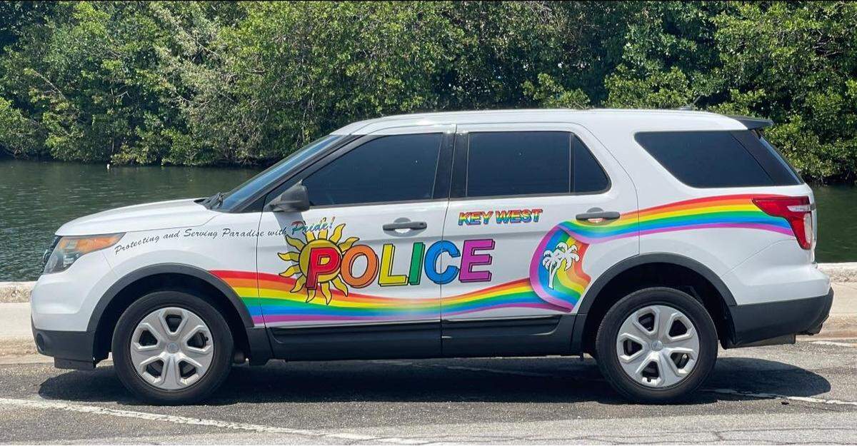 A Key West Police Department vehicle is decorated to celebrate the city’s annual Pride event.