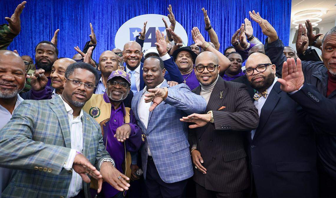 Paul Wilson, son of Congresswoman Frederica S. Wilson, center, is surrounded by his Frat brothers while posing for one last photo as he launched his bid to run for a council seat in Miami Gardens on Tuesday, February 10, 2026, at the event space Oasis in Miami Gardens, Florida.