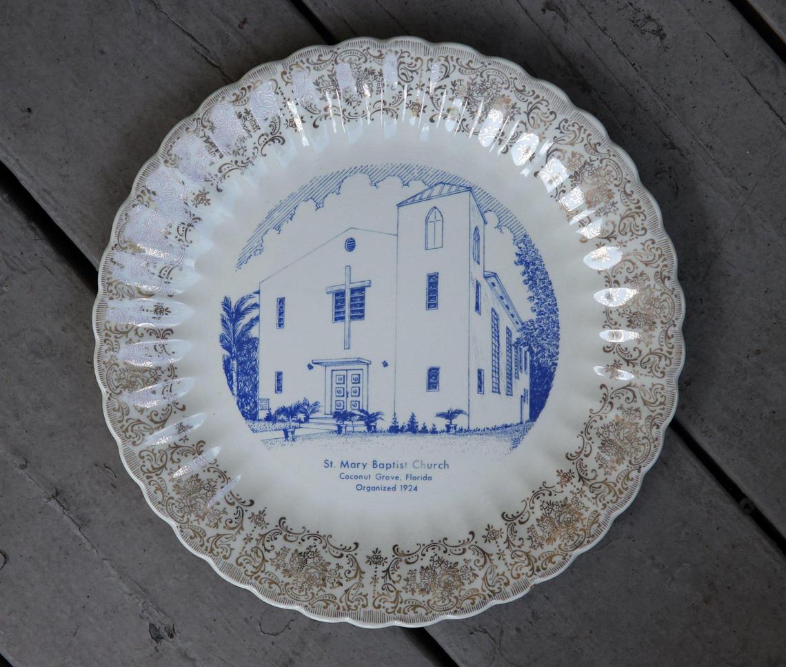 A souvenir plate shows the now-closed St. Mary First Missionary Baptist Church in the historically Black section of Coconut Grove that sits within Coral Gables boundaries. It was the first African-American congregation in the Gables.