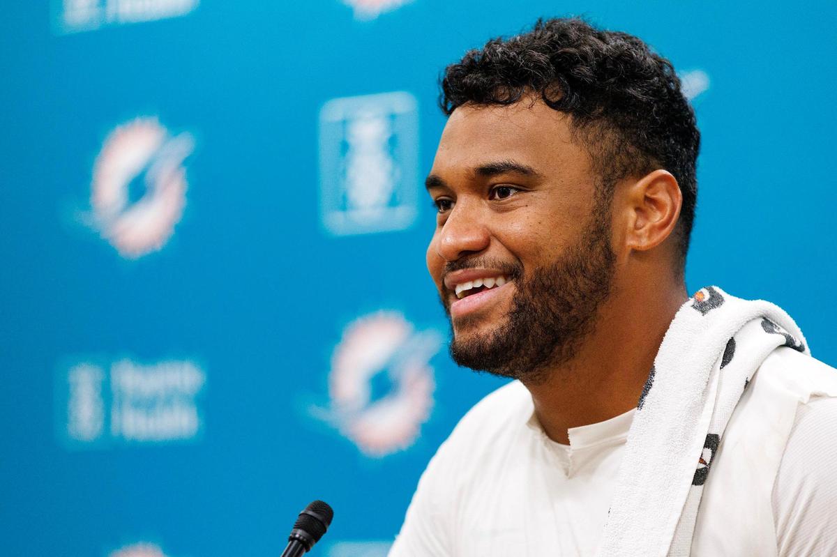 Miami Dolphins quarterback Tua Tagovailoa (1) speaks with the media after NFL football training camp at Baptist Health Training Complex in Hard Rock Stadium on Tuesday, August 1, 2023 in Miami Gardens, Florida.