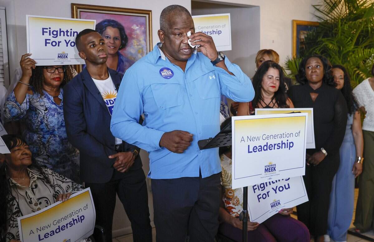 Former United States Representative Kendrick Meek tears up as he introduces his son Kendrick Meek Jr. who formally announced his candidacy in the crowded congressional district 24 race in South Florida. Meek follows in the esteemed footsteps of his father Kendrick Meek, and grandmother Carrie Meek, who previously held the seat. Meek's grandmother was among Florida's first three Black representatives in Congress since Reconstruction after a federal court drew the majority-Black South Florida district to comply with the federal Voting Rights Act. His father then held the seat from 2003 until 2011. The announcement was held at the home of the late United States Representative Carrie Meek in Miami on Florida, on Friday, June 12, 2026.