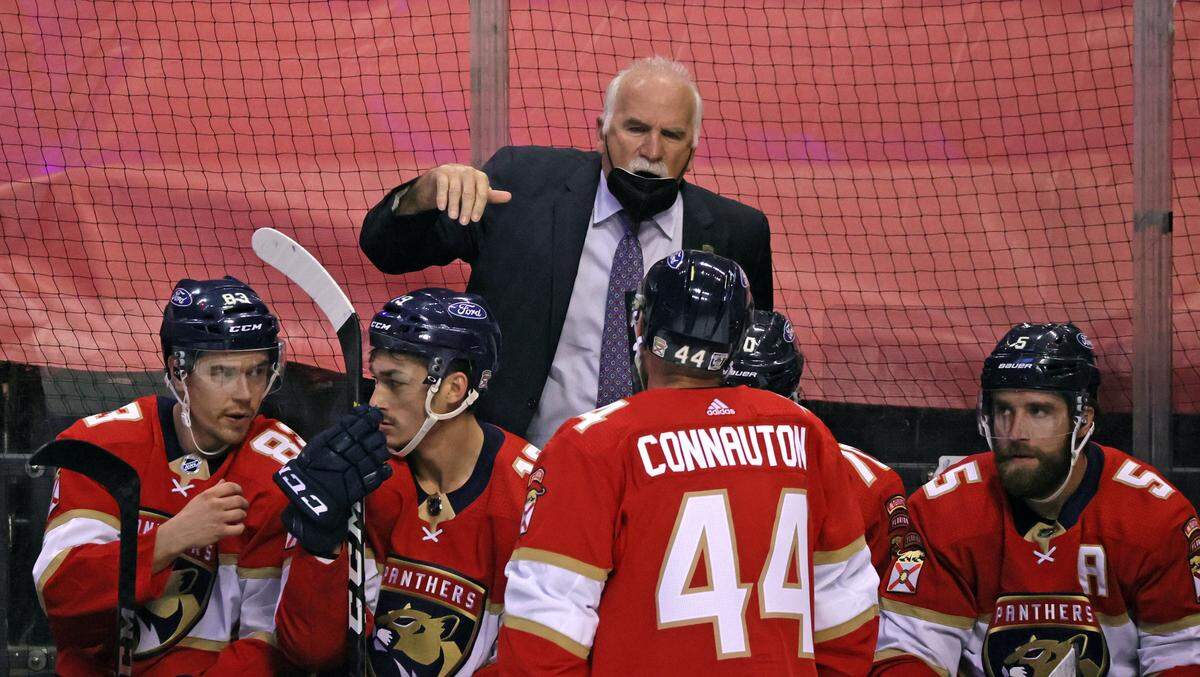 Florida Panthers head coach Joel Quenneville gives instructions to his team during the first period of an NHL game against the Dallas Stars at the BB&T Center on Thursday, February 25, 2021 in Sunrise, Fl.