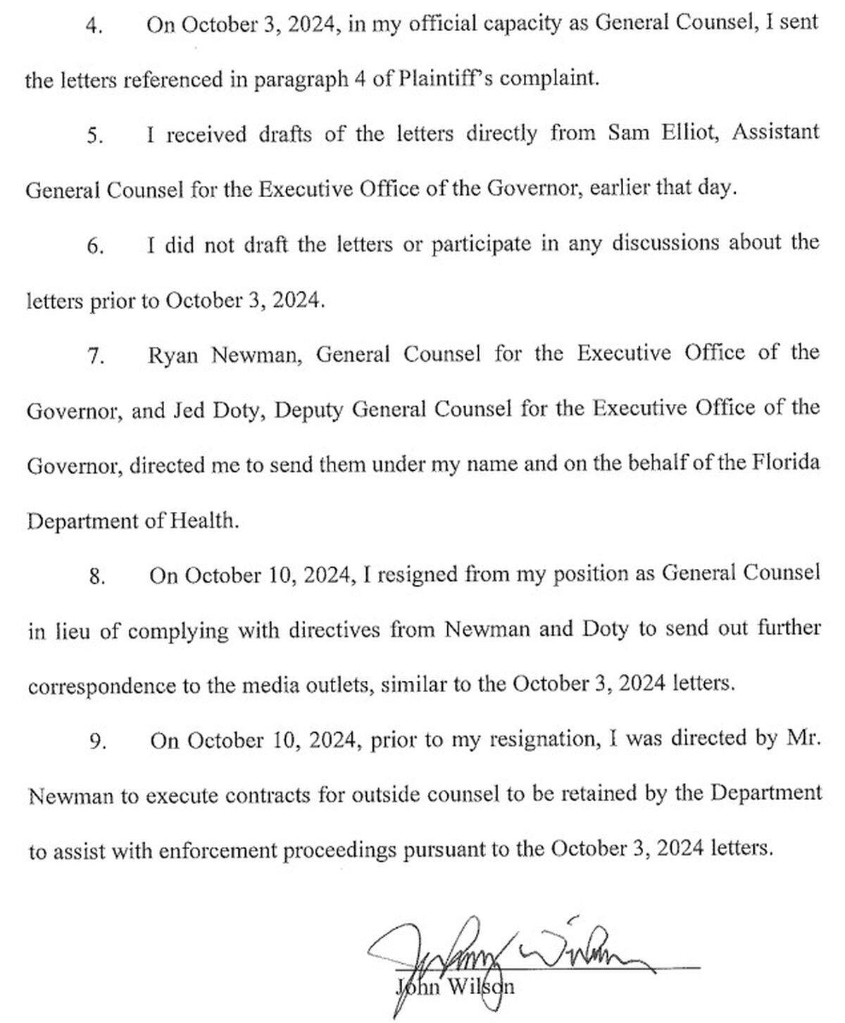 A sworn affidavit filed in federal court on Oct. 21, 2024 and signed by former Florida Department of Health General Counsel John Wilson.