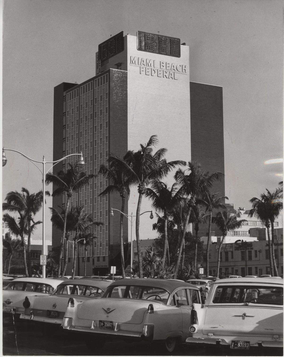 The Miami Beach Federal Savings and Loan building at 407 Lincoln Road is shown with its digital clock in 1958.