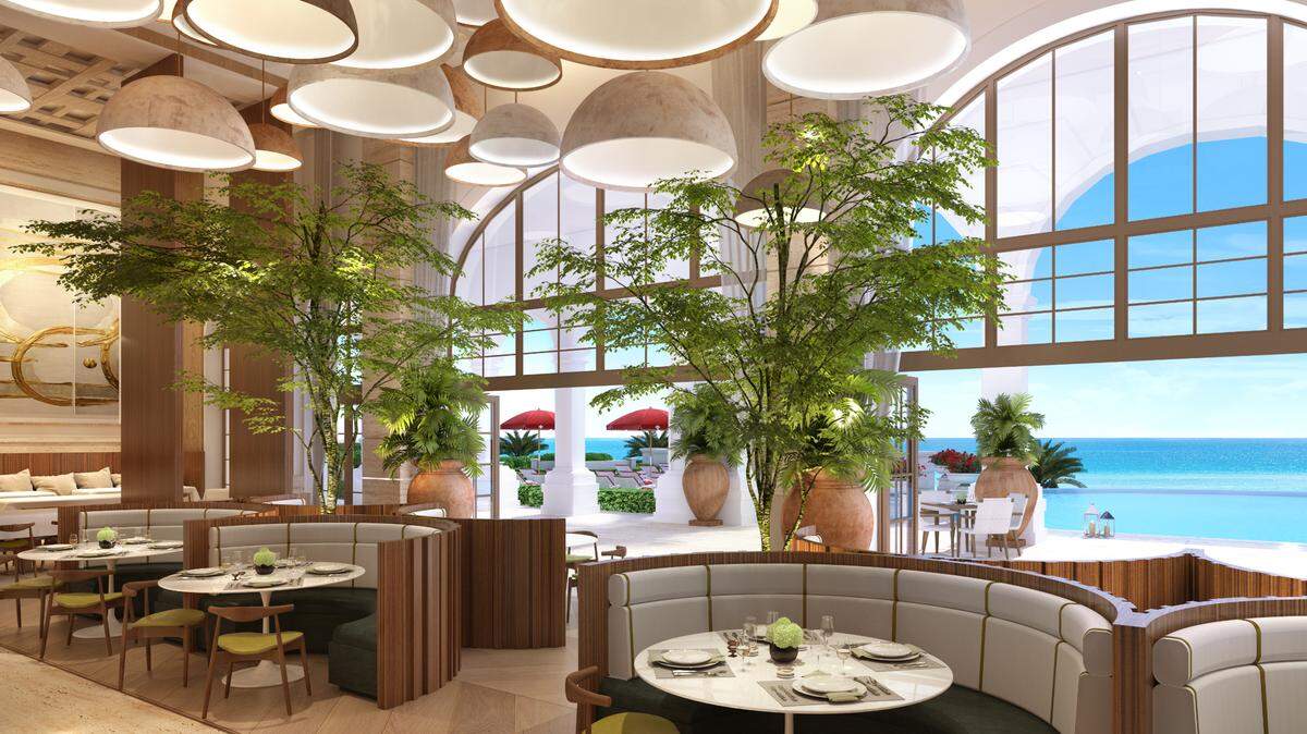 A rendering of the oceanfront Greek restaurant Avra Estiatorio at The Estates at Acqualina. 