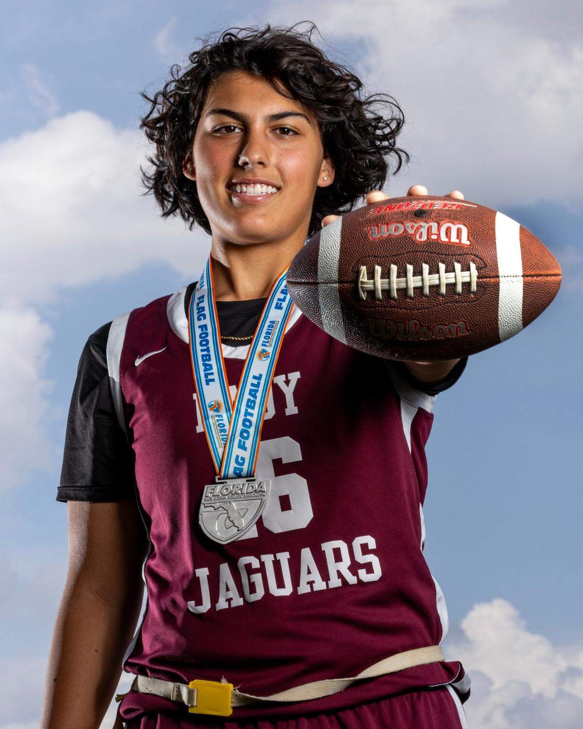 Pembroke Pines Charter High School Flag Football quarterback Ava Rivera, 17, was named a Broward Player of the Year at Brian Piccolo Park on Wednesday, May 15, 2024, in Hollywood, Fla.
