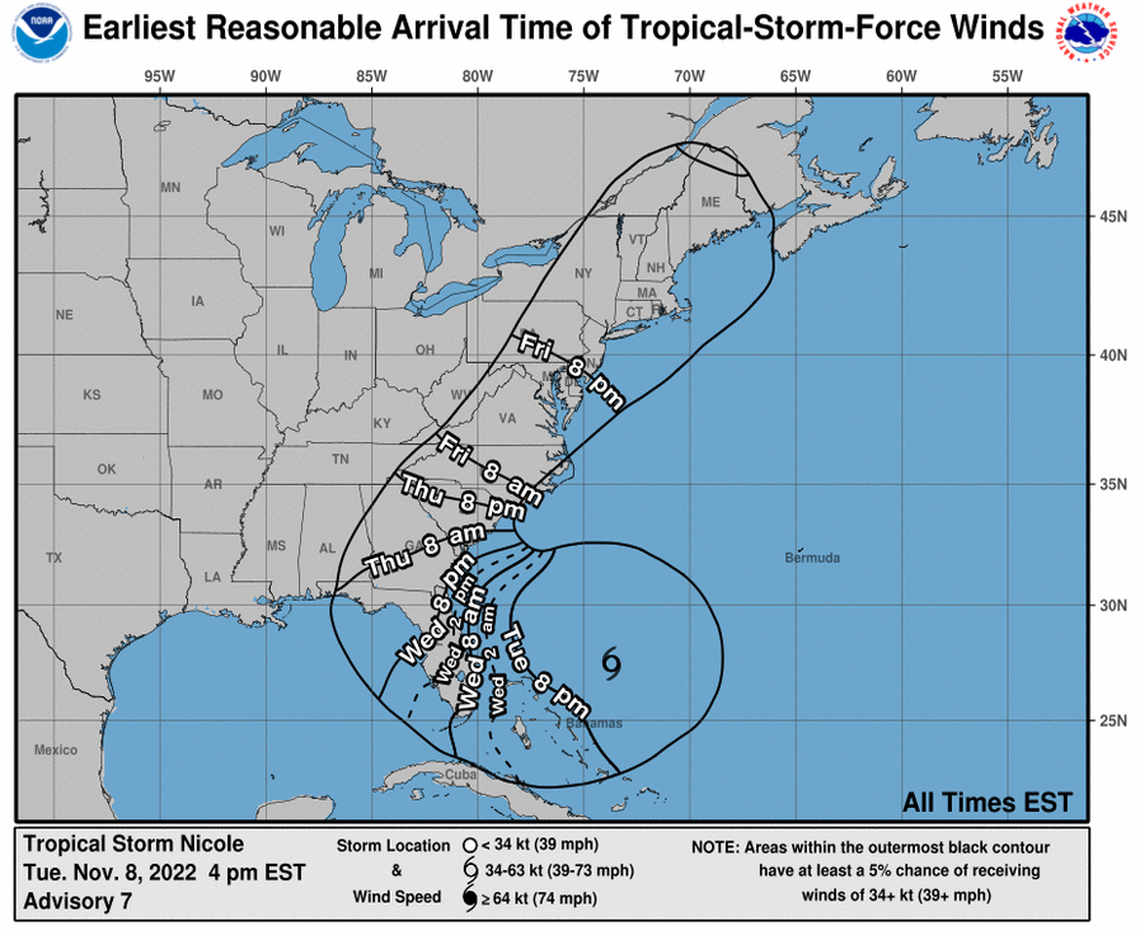 The wind arrival forecast from Tropical Storm Nicole, which could be a hurricane when it nears Florida’s coast some time on Wednesday Nov. 9, 2022.