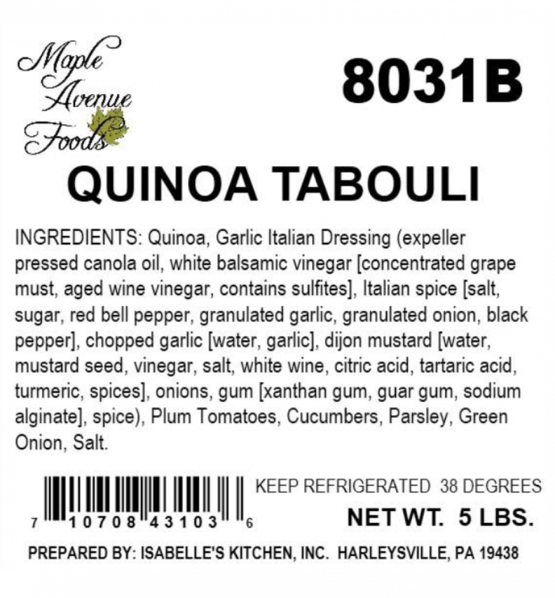 The label for Maple Avenue Foods Quinoa Tabouli