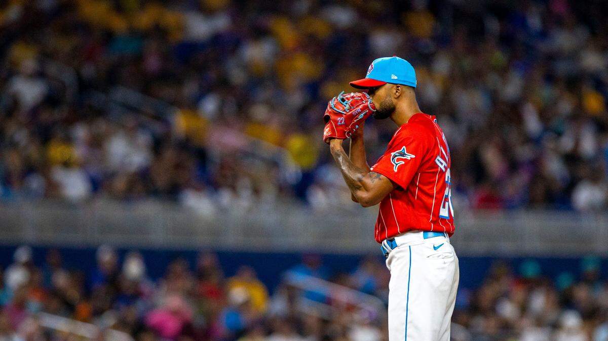 Miami Marlins pitcher Sandy Alcantara (22) prepares to throw the ball during the eighth inning of an MLB game against the Los Angeles Dodgers at loanDepot park in the Little Havana neighborhood of Miami, Florida, on Saturday, August 27, 2022.